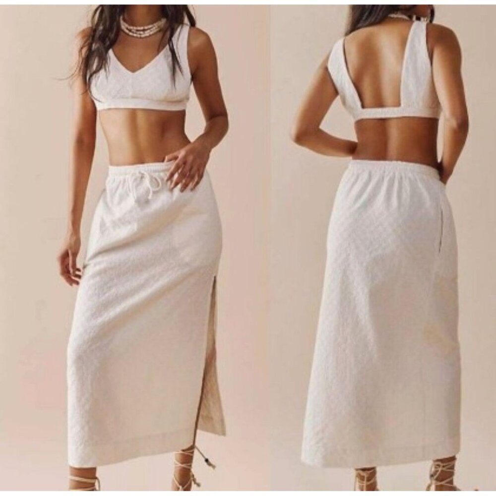 Free People The Rex Skirt + Crop Top Set XS Ivory Side Slit Pockets Boho NWOT